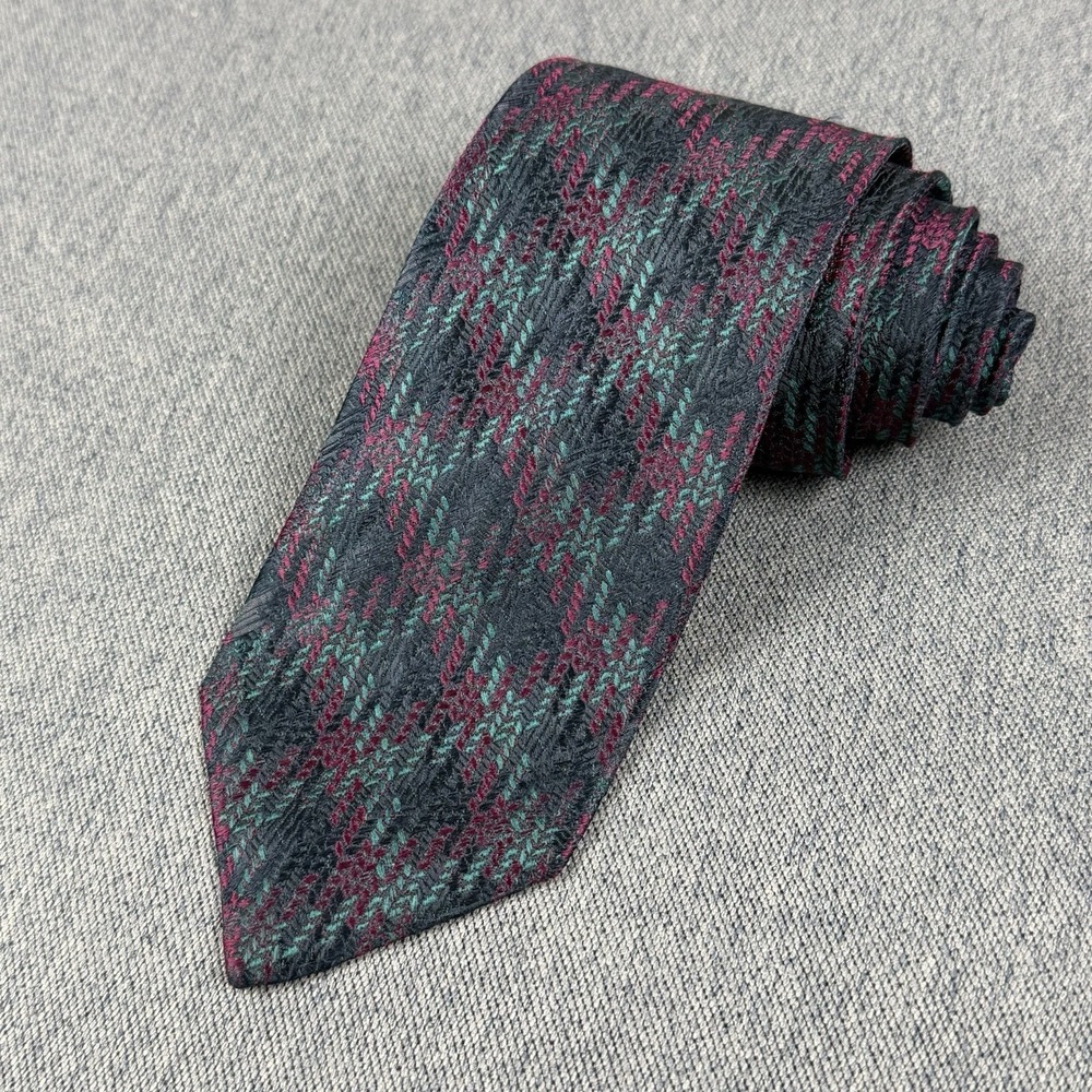 Ermenegildo Zegna 100% Silk Tie Magenta Teal Geometric Woven Plaid Jacquard 3.25
